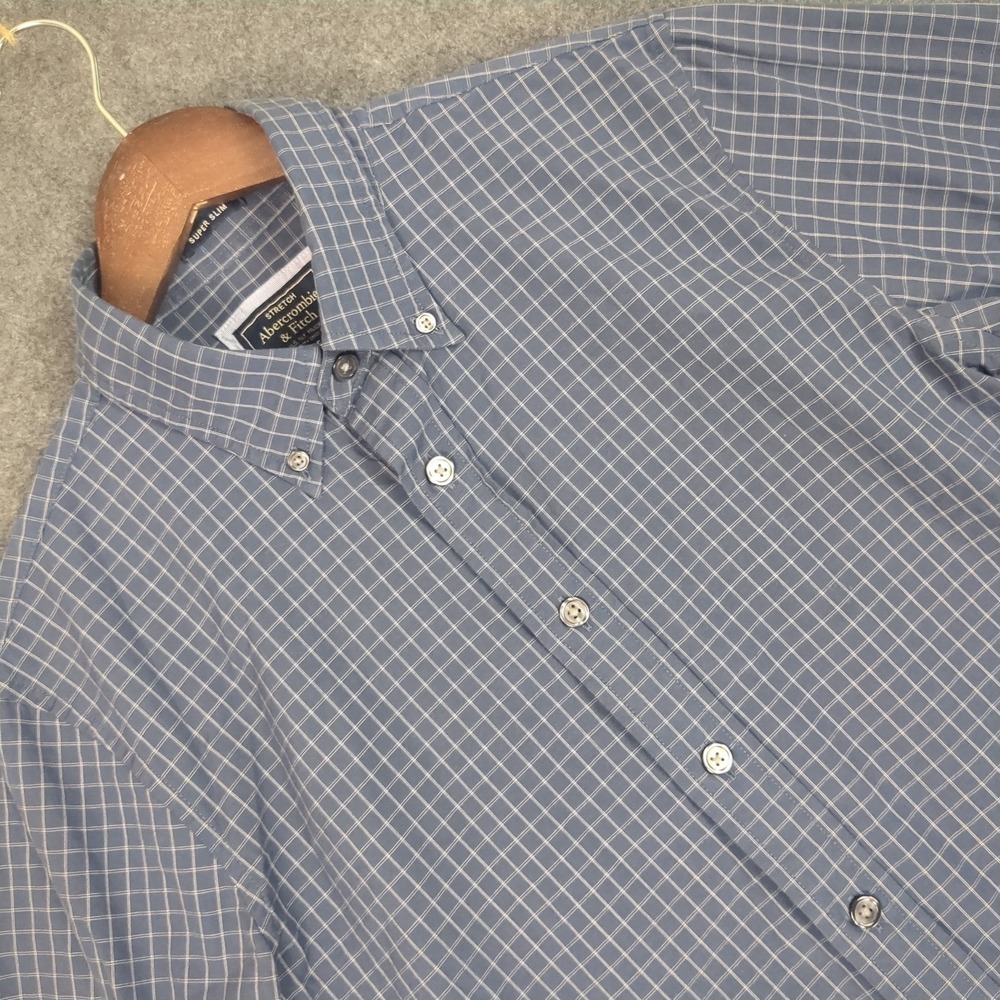 Abercrombie & Fitch Mens XS Super Slim Stretch Blue Grid Check Button Down Shirt